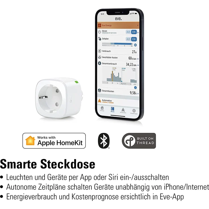 Eve Energy 20EBO8301 Smarte Steckdose, misst Stromverbrauch, schaltet Geräte ein/aus, Siri-Sprachsteuerung, Zeitschaltuhr, Fernzugriff, keine Bridge nötig, Bluetooth, Thread, Apple HomeKit (OB01540) – Bild 5