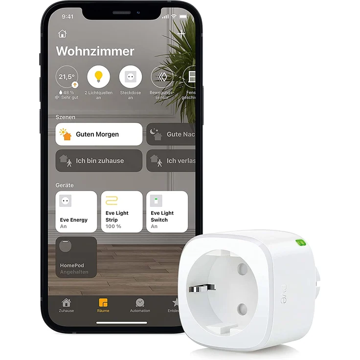 Eve Energy 20EBO8301 Smarte Steckdose, misst Stromverbrauch, schaltet Geräte ein/aus, Siri-Sprachsteuerung, Zeitschaltuhr, Fernzugriff, keine Bridge nötig, Bluetooth, Thread, Apple HomeKit (OB01540) – Bild 1