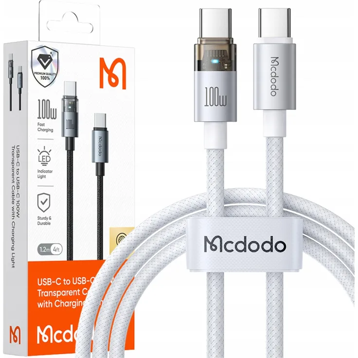 MCDODO USB-C Kabel 5A 100W, Schnellladefunktion, 1 Meter, LED-Anzeige, Weiß