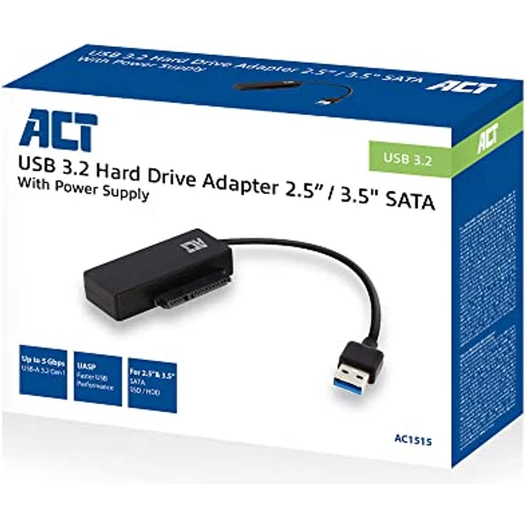 ACT USB SATA Adapter für 2,5/3,5" Festplatten/SSD, inkl. 12V 2A Netzteil für 3,5" Laufwerke, USB 3.2, unterstützt UASP – AC1515 – Bild 2