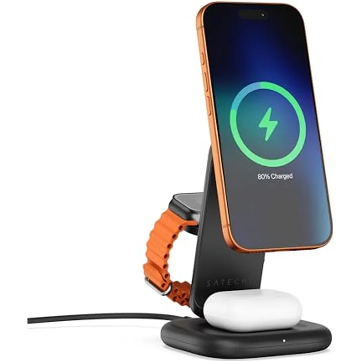 SATECHI 3-in-1 Qi2 Kabellose Induktive Ladestation – 25W Magnet-Schnellladegerät für iPhone 17, Apple Watch Series 11 & AirPods – Faltbare Ladestation mit 45W USB-C Ladeadapter – Space Schwarz