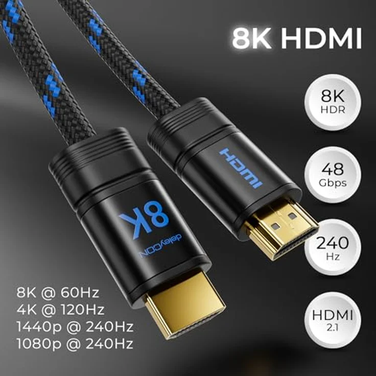 deleyCON 2m 8K HDMI 2.1b Kabel, ULTRA Highspeed (48G, zertifiziert) für 8K@60Hz, 4K@120Hz, eARC, Dolby Atmos, Schwarz – Bild 3
