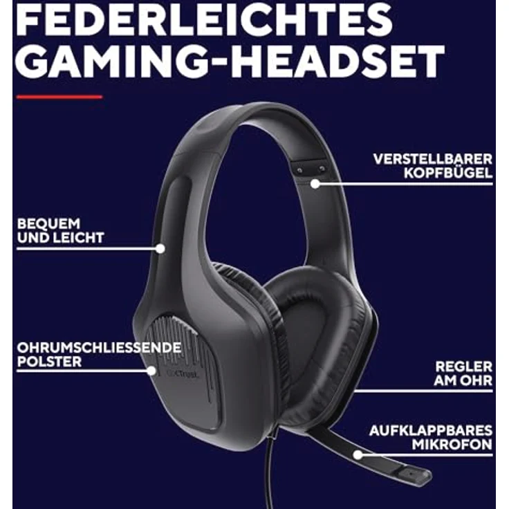 Trust Gaming GXT 418 Rayne Leichtes Gaming Headset für PC Xbox PS4 PS5 Switch Mobile, 50-mm-Treiber, 2-m-Kabel, 3,5-mm-Audioanschluss, Schwarz – Bild 2
