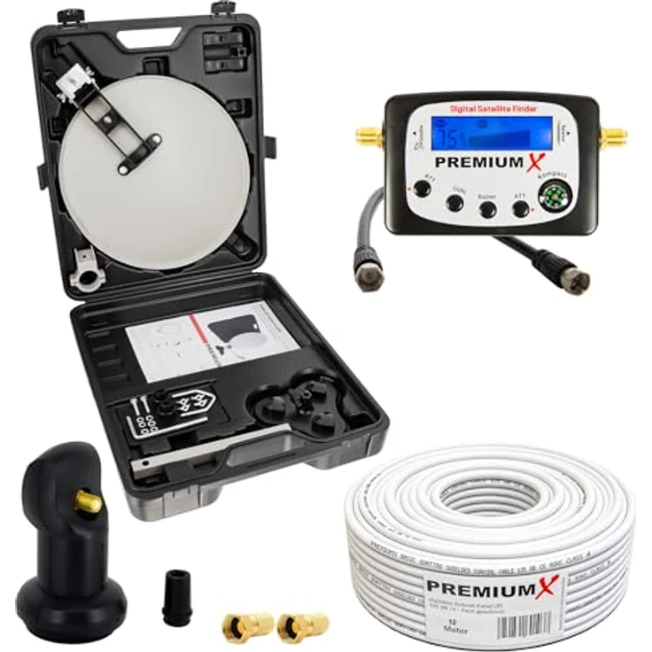 PremiumX Camping SAT Anlage, Sat-Finder mit Single LNB, 10m Kabel, F-Stecker im handlichen Koffer, hellgrau – Bild 1