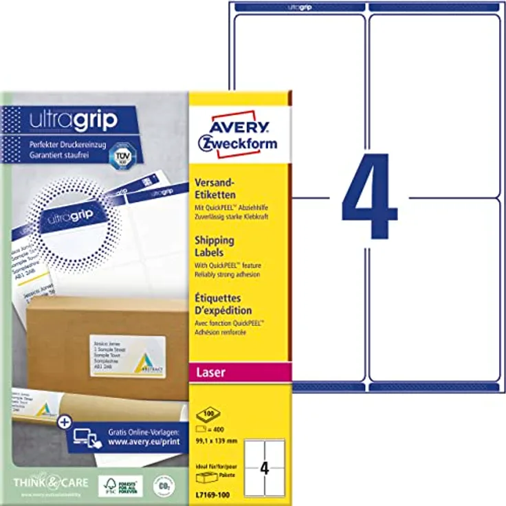 AVERY Zweckform L7169-100 Versandetiketten/Versandaufkleber (400 Etiketten mit ultragrip, 99,1x139mm auf A4, bedruckbar, selbstklebend, für mittlere, große Pakete und Versandrollen) 100 Blatt, weiß