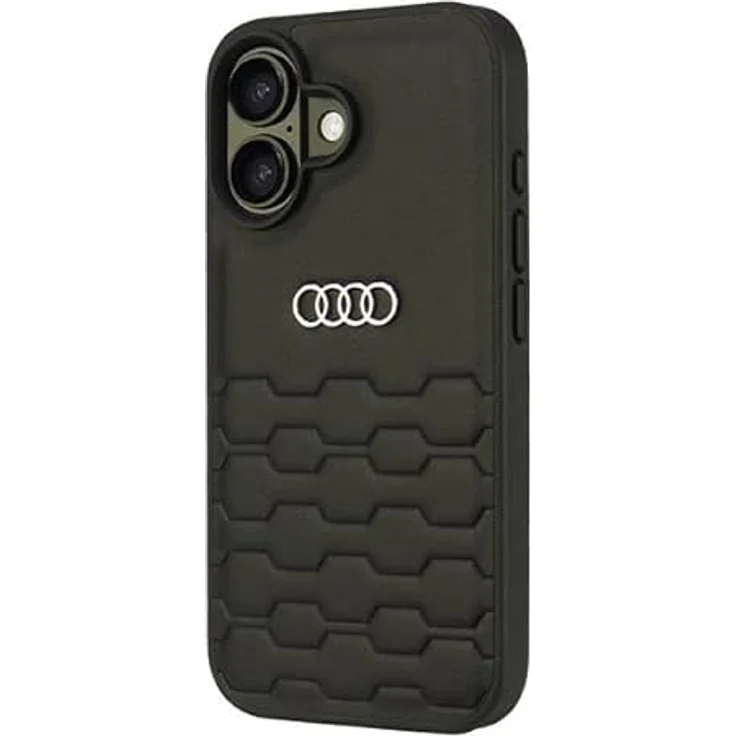 Audi Handyhülle iPhone 16, Kunstleder schwarz mit Metall-Logo, 6,1 Zoll, stoßfest und passgenau – Bild 2
