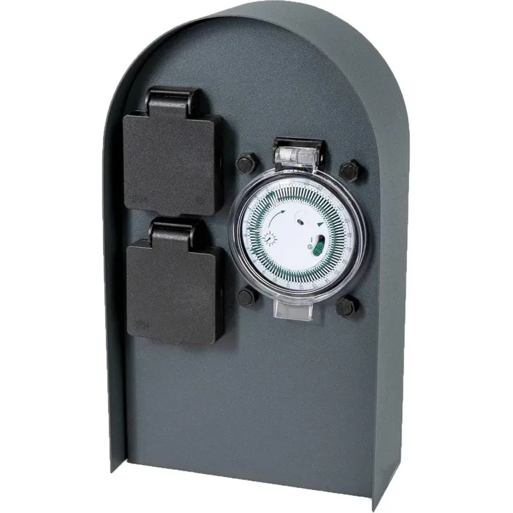 Grafner Steckdose, Edelstahl Steckdosensäule mit Timer 2 Außensteckdosen Anthrazit Gartensteckdose