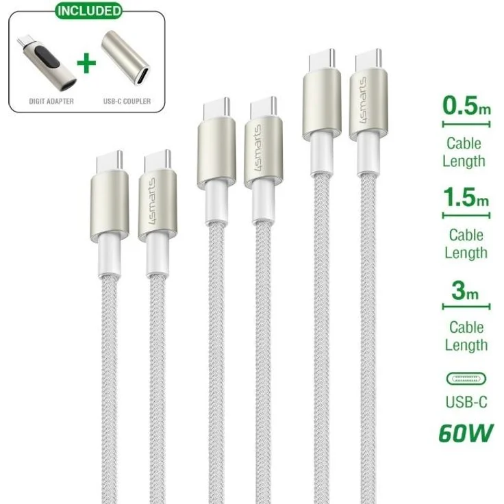 4smarts 540656 PremiumCord USB-C Kabelset, 60W Adapter mit 3 Kabellängen (0,5m, 1,5m, 3m), Weiß/Gold, inklusive Digit Adapter und USB-C Kuppler