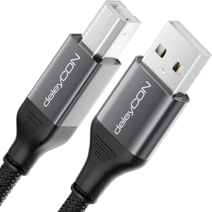 deleyCON 1,5m USB Druckerkabel (für Drucker, Scanner, MIDI) USB-A auf USB-B Kabel Printer Cable Geflochten + Metallstecker für Epson Brother Canon Notebook Tablet PC MacBook HP Samsung, Grau-Schwarz