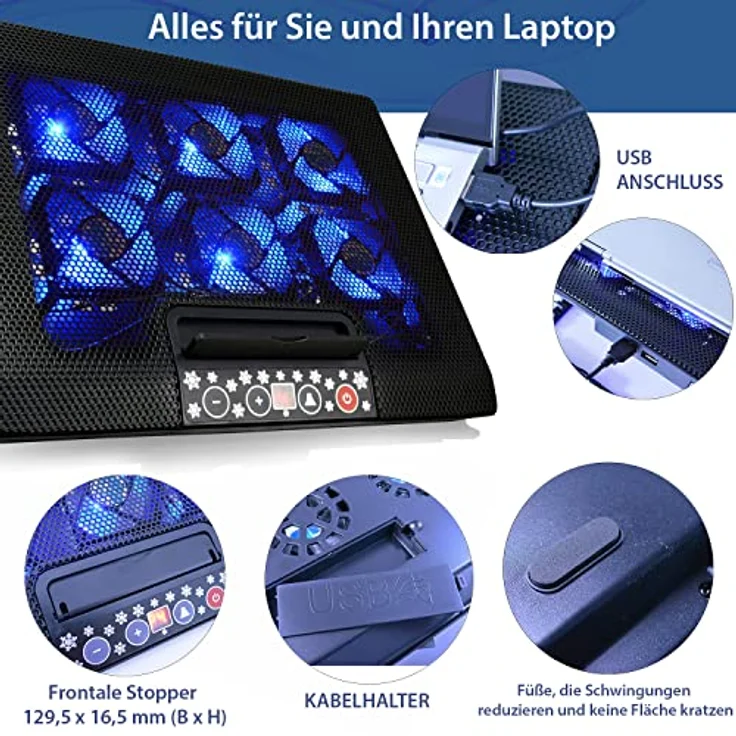 AAB Cooling NC77 - Laptop Lüfter Unterlage mit 6 Lüftern, Einstellbare Neigung und Blau LED, Cooling Pad, Laptop Stand, Auflage für Laptops bis 17 Zoll und PS4 / XBOX Consolen, Laptop Cooler – Bild 7