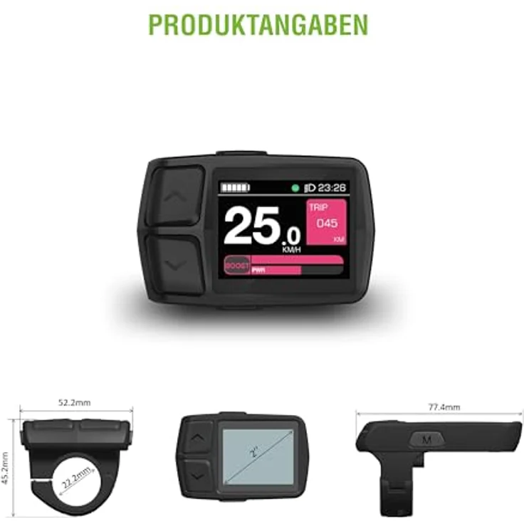 SachsenRAD E-Bike LCD Display Meter Fahrradcomputer, 2,0” IPS Hochhelligkeits-Hochauflösungsdisplay für 24V, 36V, 48V Elektrofahrräder, wasserdichter Stecker, 22,2 mm Lenker, schwarz – Bild 4