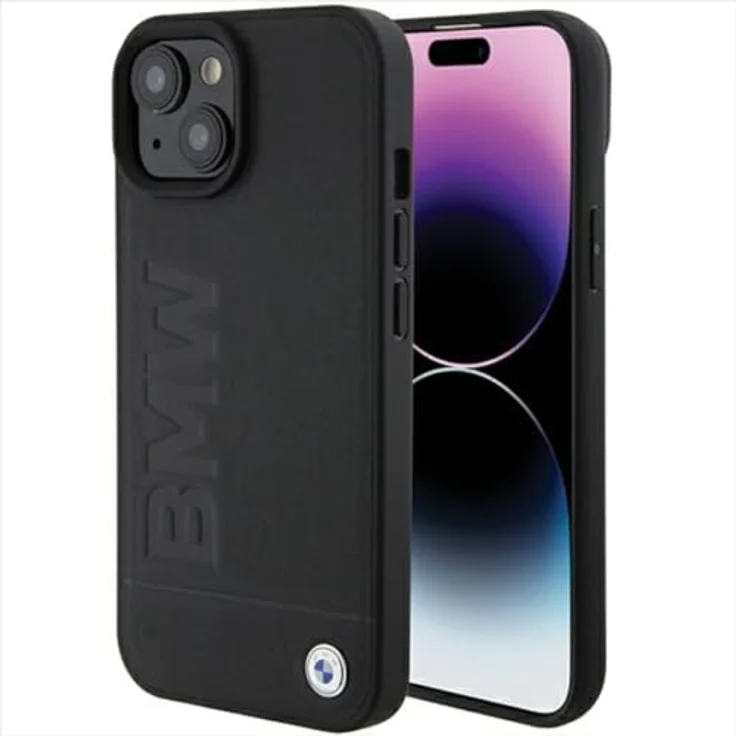 BMW Handyhülle Case iPhone 15, Echtleder schwarz mit Metalllogo, 6,1 Zoll, Kantenschutz – Bild 1