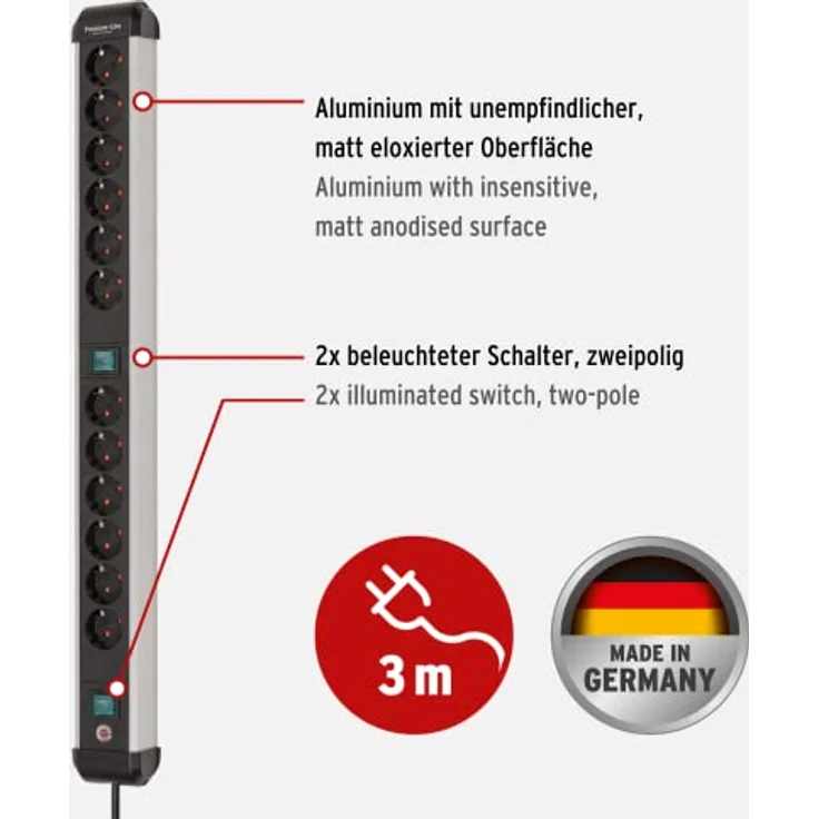 Brennenstuhl Premium-Alu-Line Steckdosenleiste 12-Fach/Steckerleiste aus hochwertigem Aluminium (Mehrfachsteckdose mit 2 Schaltern und 3m Kabel, Made in Germany) – Bild 2