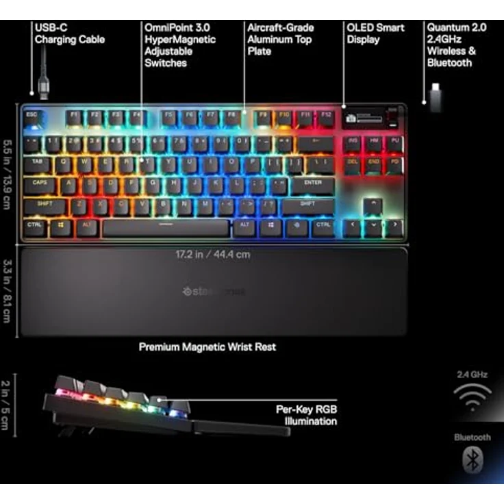 SteelSeries Apex Pro TKL Wireless Gen 3 OmniPoint 3.0 HyperMagnetic Switches, Rapid Trigger, Spielfertige Voreinstellungen, Schutzmodus, Rapid Tap/SOCD, Dual Wireless - Gaming-Tastatur, schwarz – Bild 3
