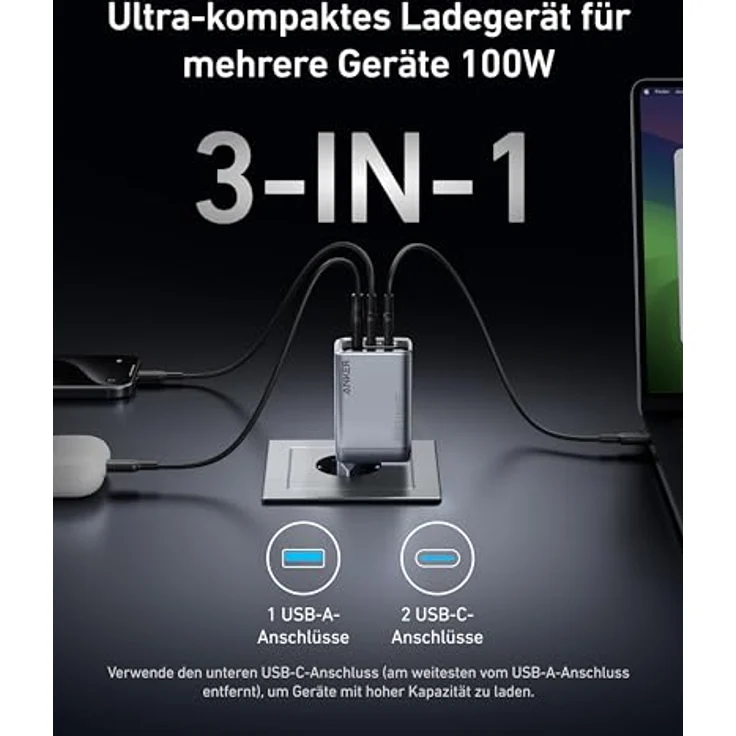 Anker Prime Ladegerät, 100W USB-C Ladegerät, 3 Port GaN faltbares und kompaktes Anker Wandladegerät, für MacBook, iPad, iPhone Modelle iPhone 16, Galaxy S24/S23 und mehr, Schwarz – Bild 2