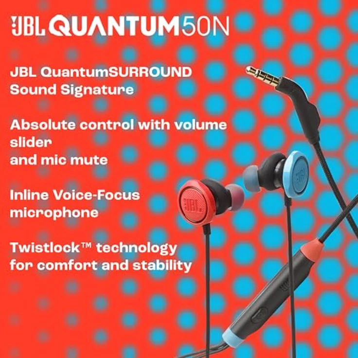 JBL Quantum 50N In-Ear Gaming-Headset QuantumSOUND Signature, Sprachfokus-Mikrofon, Twistlock, Blau/Rot – Bild 2