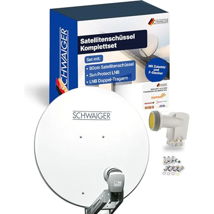 SCHWAIGER Satellitenschüssel Komplettset, Ø 80 cm Aluminium Offset Antenne in Hellgrau, inkl. Quad LNB 4-Fach, Digital HD & 4K Empfang, wetterfest und mit integrierter Kabelführung – Bild 1
