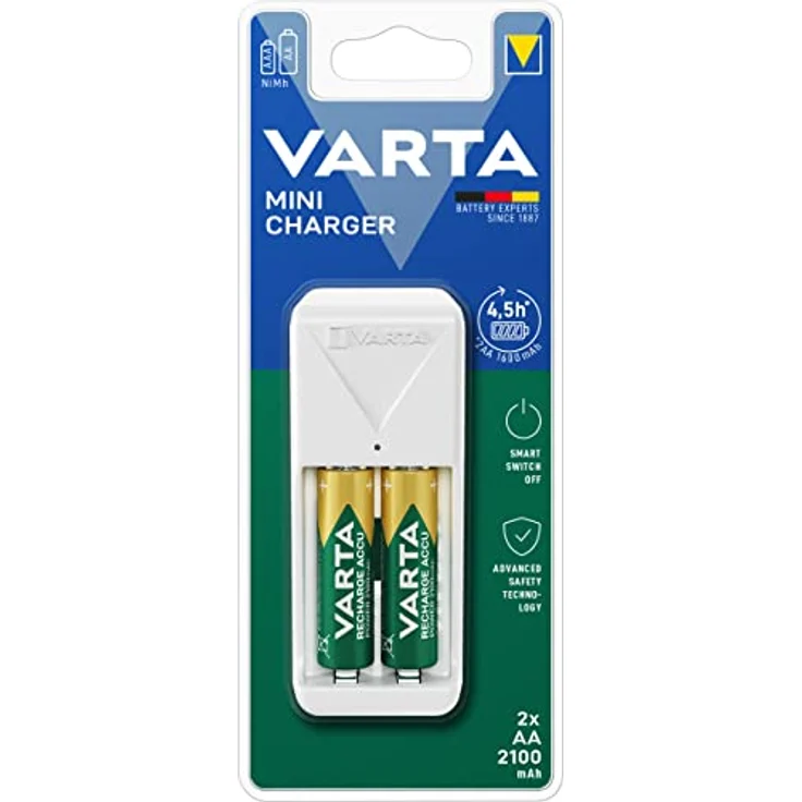VARTA Akku Ladegerät, inkl. 2X AA 2100mAh, Batterieladegerät für wiederaufladbare Batterien, lädt 2 AA/AAA gleichzeitig, Mini Charger, weiß – Bild 2