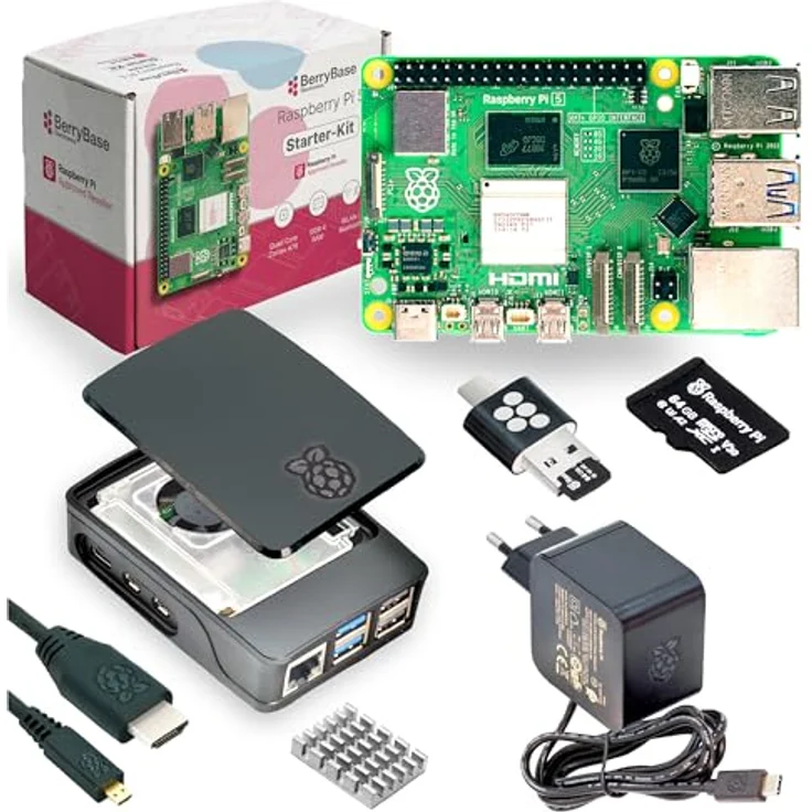 BerryBase Raspberry Pi 5 Starterkit, 64GB microSDHC mit Pi OS, Gehäuse, Netzteil, HDMI-Kabel, 8GB RAM, schwarz – Bild 1