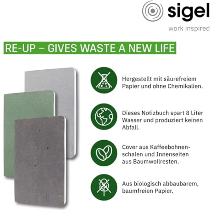 Sigel Re-Up Notizbuch A5, kariert, Softcover, hellgrau, 100 Seiten aus Recyclingmaterialien – Bild 2