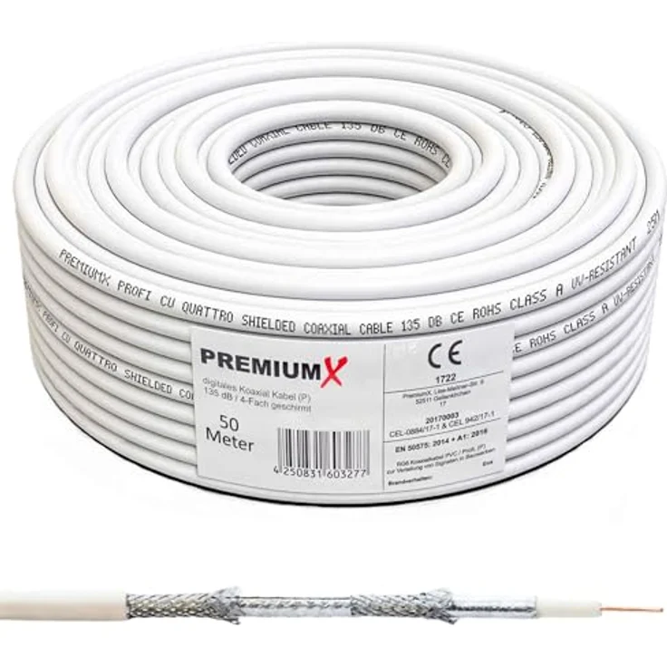 Premium X 50m Profi Koaxialkabel, Kupfer 135dB, 4-Fach SAT Antennenkabel für DVB-S / S2, DVB-C, DVB-T, ideal für 4K UltraHD UHD und HDTV – Bild 1