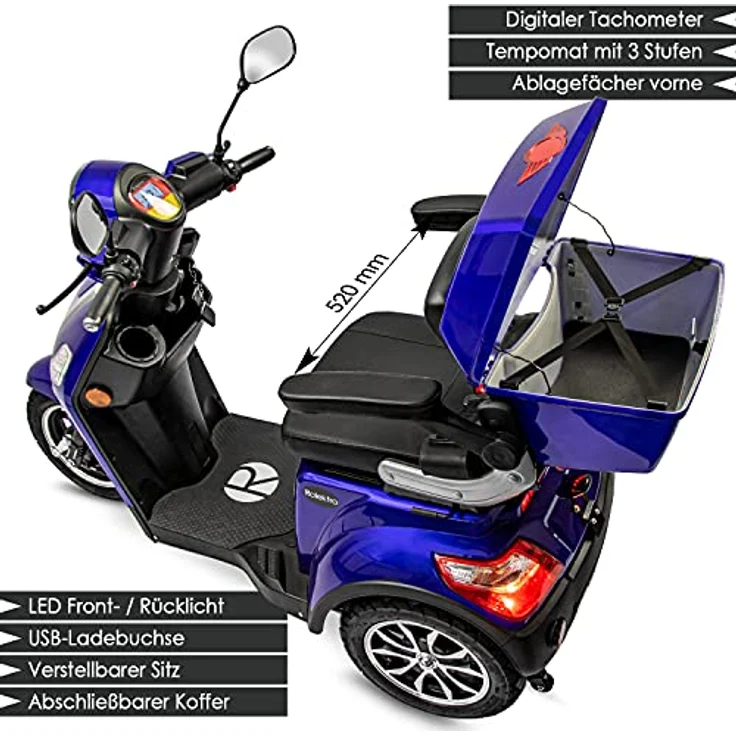Rolektro E-Trike 25 V.3 Pro Dreirad Blau - 1000W Elektromobil - 70km Reichweite - herausnehmbarer Lithium Akku - Seniorenmobil mit Straßenzulassung – Bild 4