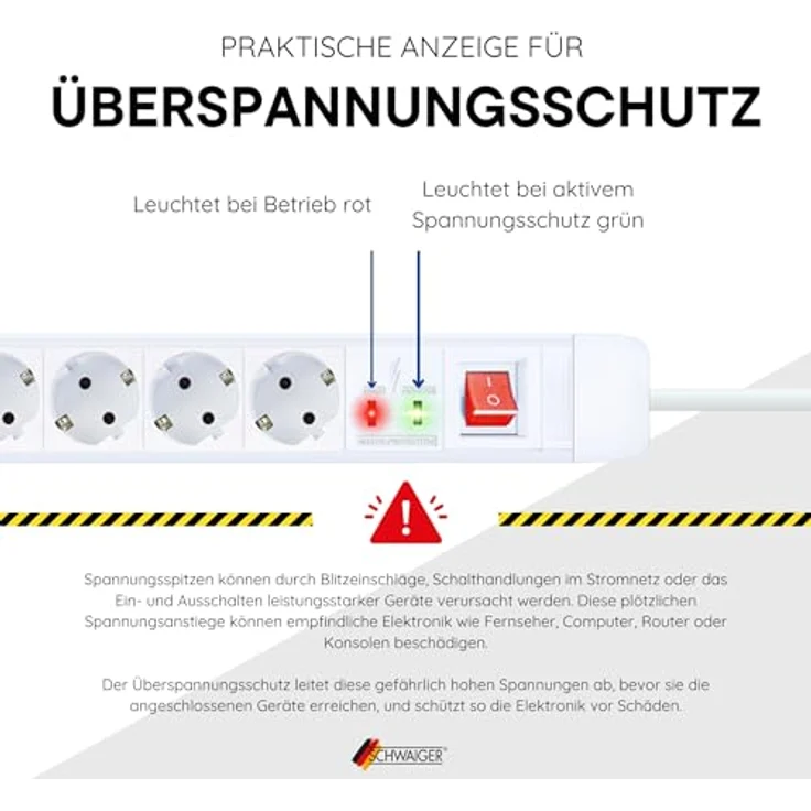 SCHWAIGER 660104 Steckdosenleiste 8-fach mit 1,5 m Anschlusskabel, Überspannungsschutz, Status-LEDs und Kippschalter – Bild 3