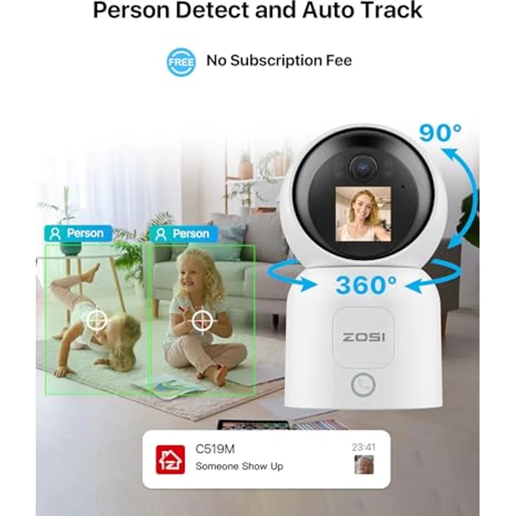 ZOSI 2,5K 4MP WLAN Innen Überwachungskamera mit Monitor, 360° Schwenkbare Kamera Indoor für Baby, 2,4/5Ghz WiFi, KI Personenerkennung, Auto-Tracking, Gesture-Call, C519M in Weiß – Bild 5