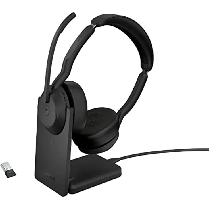 Jabra Evolve2 55 - schnurloses Stereo-Headset mit Ladestation und Jabra Air Comfort - Mikrofone mit Geräuschunterdrückung und ANC - MS Teams zertifiziert, mit anderen Plattformen kompatibel - Schwarz