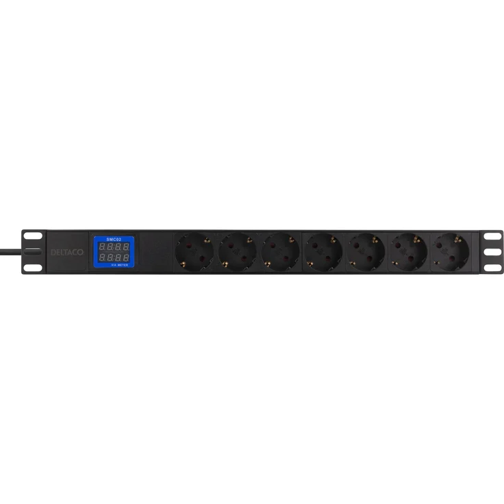 Deltaco GT-8637, Steckdosenleiste mit 7 AC Ausgängen, Indoor, schwarz, 2m Netzkabel, 10A/250V, CEE 7/4, integriertes 7-Segment-Display