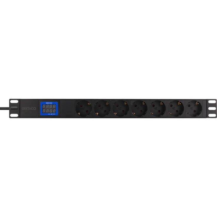 Deltaco GT-8637, Steckdosenleiste mit 7 AC Ausgängen, Indoor, schwarz, 2m Netzkabel, 10A/250V, CEE 7/4, integriertes 7-Segment-Display