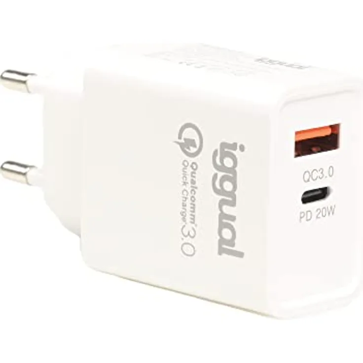 iggual Cargador Doble USB QC3.0 + Tipo C PD 20 W, Hochwertiges Handy-Ladegerät mit 2 Jahren Garantie gegen Fabrikfehler