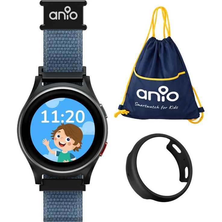 Anio 6 Kinder Smartwatch mit GPS, 4G Anruffunktion, Ortungsfunktion, SOS Knopf, Schwarz mit Protector Case 2.0 und blauem Sportbeutel