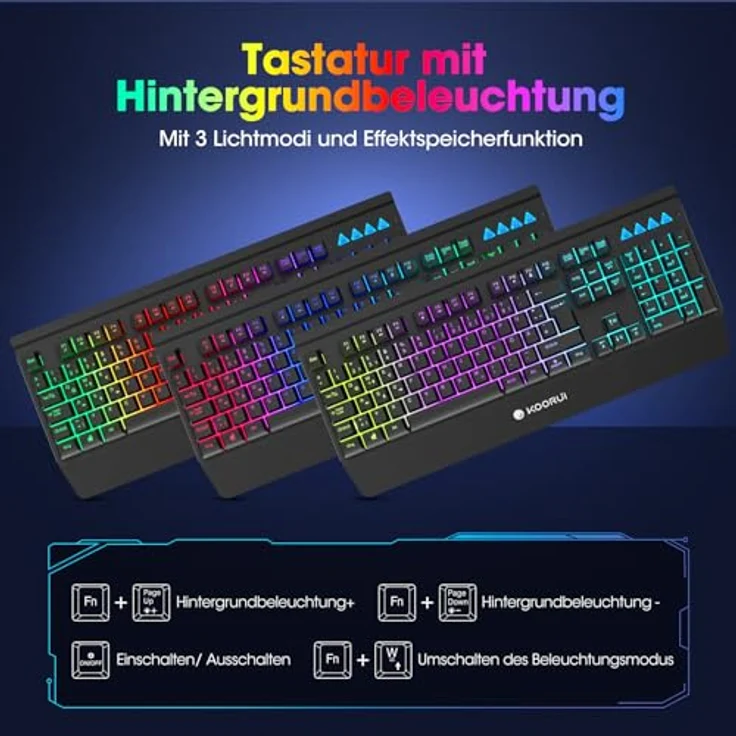 KOORUI Gaming Tastatur K0104, Deutsches QWERTZ-Layout, Handballenauflage, Anti-Ghosting, USB, 12 Multimedia Tasten, spritzwassergeschützt, schwarz – Bild 5
