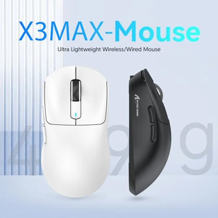 ATTACK SHARK X3MAX, 49g SUPERLIGHT Gaming Mouse mit PixArt PAW3950 Sensor, 42000 DPI, BT/2.4G Wireless/Wired, 200 Stunden Akku, Schwarz – Bild 2