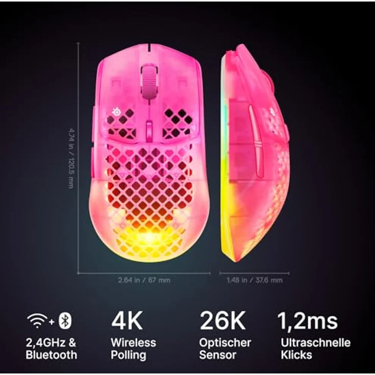 SteelSeries Aerox 3 Wireless Gen 2 – Ultraleichte 68-g-Gaming-Maus mit 26K DPI-Sensor, 200 Std. Akkulaufzeit, IP54, RGB, Magenta – Bild 2