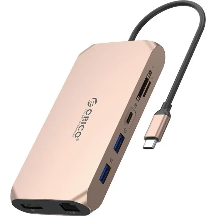 Orico XCR 12-in-1 USB-C Dockingstation in Roségold, mit 2x USB-A 3.1, 1x USB-A 2.0, 1x USB-C PD 100W und 1x USB-C 3.1