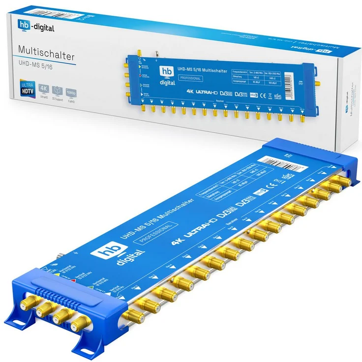HB-DIGITAL SAT-Multischalter UHD-MS 5/16, Multischalter für bis zu 16 Teilnehmer, kompatibel mit Quattro LNBs, vergoldete F-Anschlüsse, 4K UHD, 3D-fähig