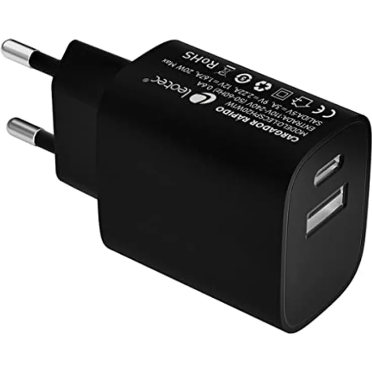 LEOTEC CARGADOR 20W CARGA RAPIDA 1 USB TIPO-C PD 1 USB-A Negro