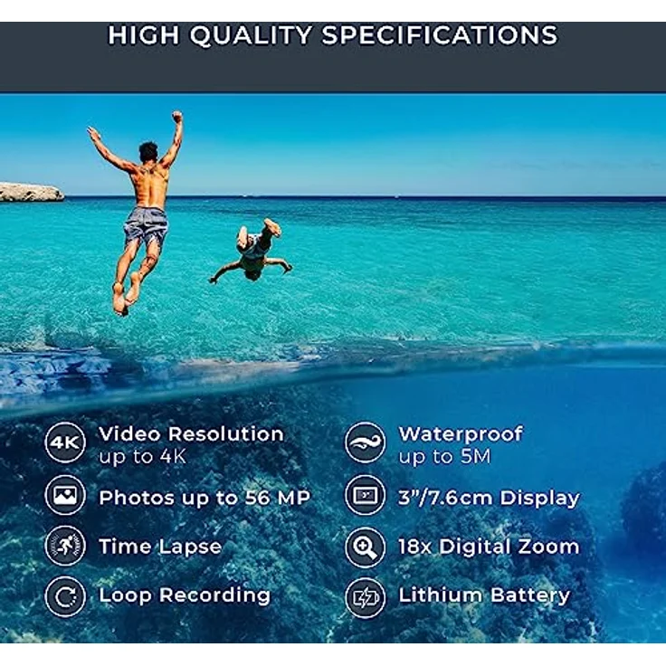 Easypix Aquapix WDV5630, Wasserfester Camcorder mit 13 MP Sensor, 4K Video und 18-fachem Zoom, GreyBlue – Bild 6