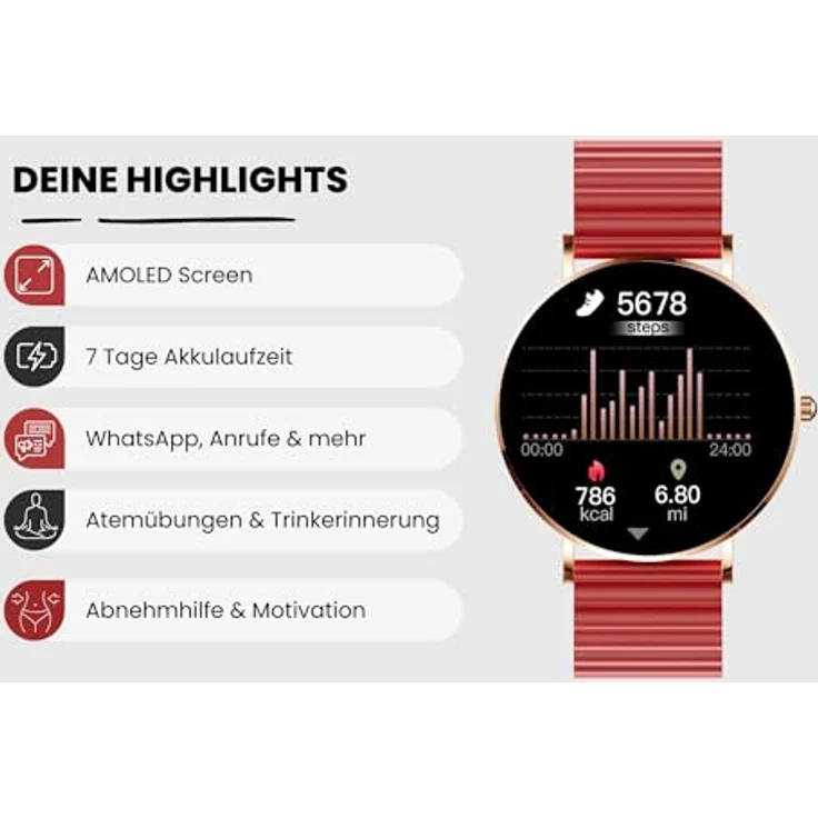 XCOAST SIONA 2 Wave Rot Smartwatch, 1,3" AMOLED, Wasserdicht, Puls, Blutdruck, Blutsauerstoff, 21 Sportmodi, 7 Tage Akku, iOS & Android – Bild 4