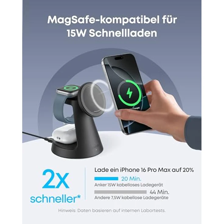 Anker MagGo 3-in-1 15W MagSafe kompatibles Ladegerät, iPhone Induktive Ladestation, Qi2-zertifiziert Wireless Charger für iPhone 16/15/14/13/12, Apple Watch, AirPods Pro (Adapter inkl.) – Bild 3