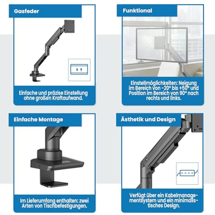 Edbak EDBAK Monitor Halterung mit Gasfeder für 19-49 Zoll Bildschirm, VESA 75/100mm, Neigbar, Schwenkbar, Drehbar, Ergonomischer Bildschirmhalterung - Halterung hält bis zu 20 kg – Bild 3