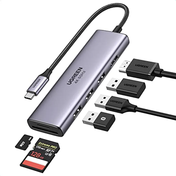 UGREEN USB C Hub 4K@60Hz USB C Adapter mit HDMI, SD/TF Kartenleser, 3 USB 3.0 - Kompatibel mit MacBook Pro/Air, iPad Pro, Surface Pro 7, iMac, Mac Mini M1, Galaxy Tab S8/S7 - Aluminiumgehäuse, 20cm langes nylongeflochtenes Kabel, robust und kompakt