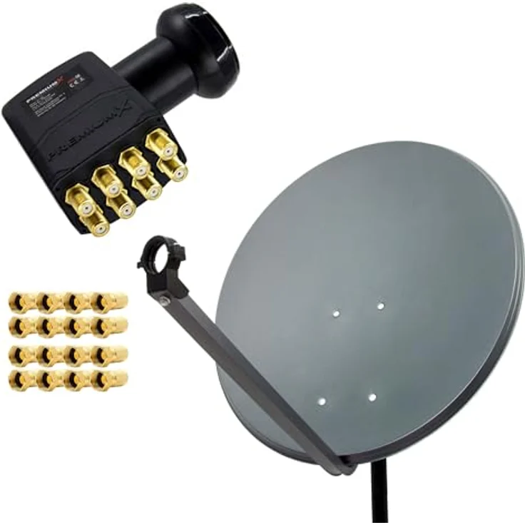 PremiumX Satelliten-Komplettanlage PXA80, 80cm Anthrazit Satellitenschüssel mit Octo LNB, für bis zu 8 Teilnehmer, hohe Signalverstärkung und minimale Störpegel – Bild 1