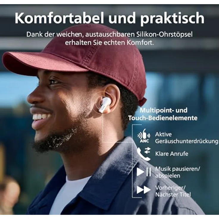 Philips True Wireless In-Ear-Kopfhörer TAT2520WT/00, ANC, 19,5 h Akkulaufzeit, IPX4, Bluetooth 5.4, Weiss – Bild 4