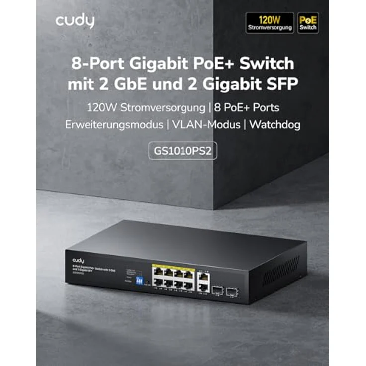 Cudy GS1010PS2, 8 Gigabit Ethernet Unmanaged PoE+ Switch mit 120W, 8 PoE+ Ports, 2 SFP, 2 Uplink-Ports, VLAN/Extend-Modus, 802.3af/at – Bild 3