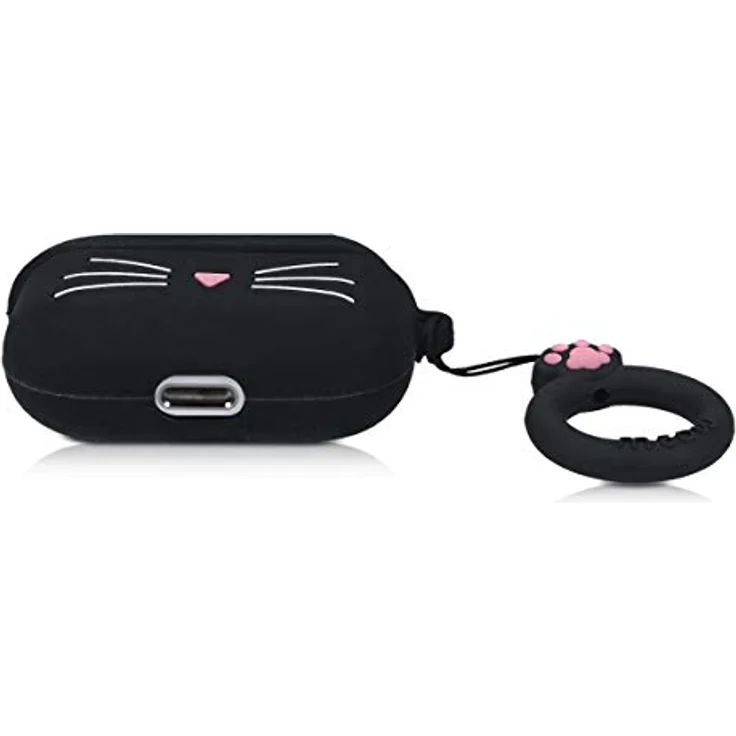 kwmobile Silikon Hülle für Apple AirPods Pro - Schutzhülle mit Katzenmotiv, schwarz-weiß, rutschfest und reißfest – Bild 3