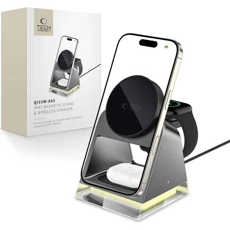 Tech-Protect Qi15W-A43 3In1 Magnetisches MagSafe Drahtloses Ladegerät, 15W für Smartphones, Schwarz