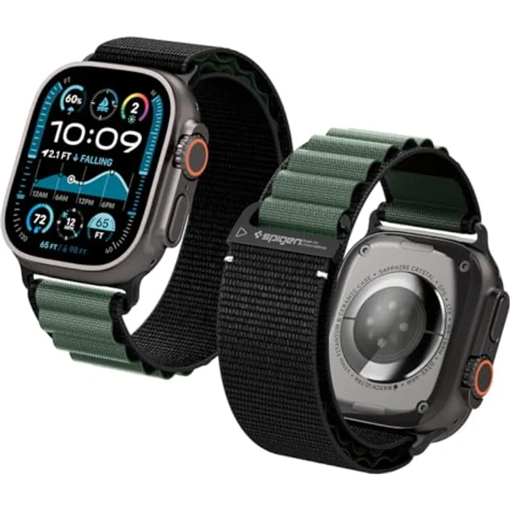 Spigen Basis-Stoffarmband mit Hakenverschluss für Apple Watch Ultra 2/1 49mm, Serie 11/10 46mm, 9/8/7 45mm, SE2/SE/6/5/4 44mm – Komfortables und modernes Design in Schwarz Grün – Bild 1